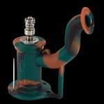 Green and orange silicone rig with glass downstem and bowl.