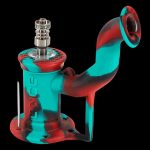 Red and teal silicone bubbler with metal downstem.