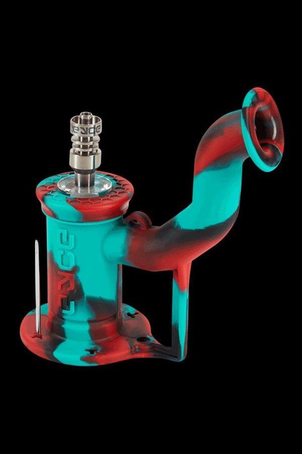 Red and teal silicone bubbler with metal downstem.