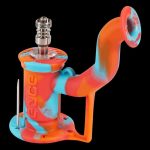 Colorful silicone oil rig with metal downstem and bowl.