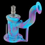 Blue and purple silicone bubbler water pipe with metal downstem and mouthpiece.