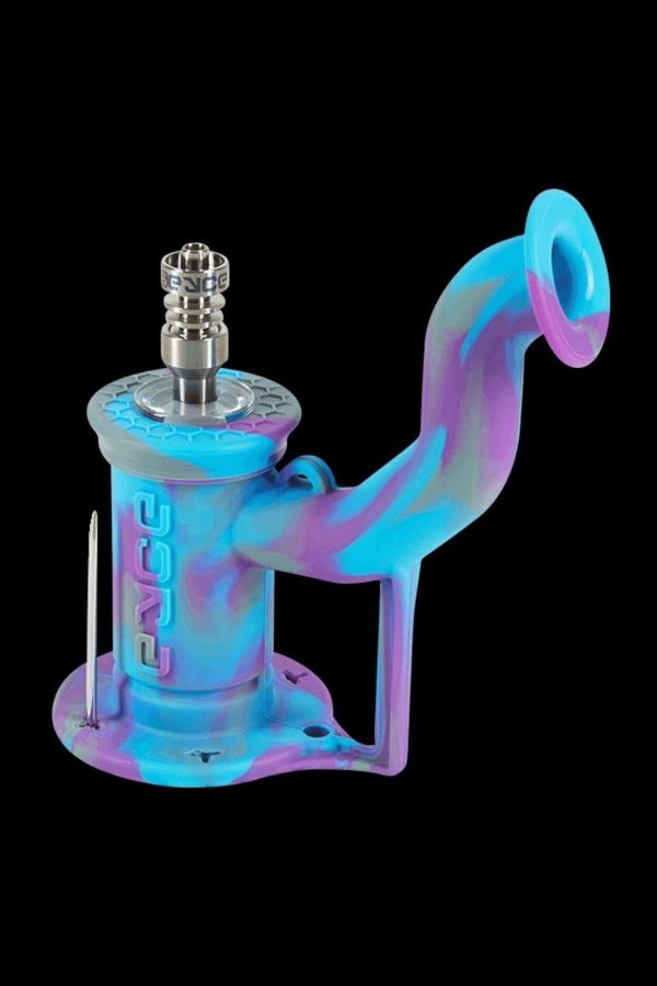 Blue and purple silicone bubbler water pipe with metal downstem and mouthpiece.