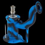 Blue silicone oil rig with metal downstem and bowl.