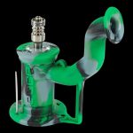Green glass water pipe (bong) with metallic downstem, isolated on a black background.