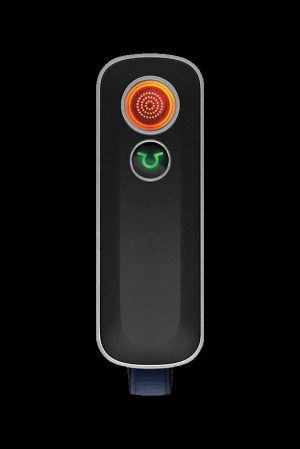 Sleek black cannabis vaporizer pen with illuminated power button and temperature indicator.
