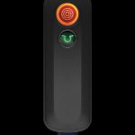 Sleek black cannabis vaporizer with illuminated power button and heating indicator.