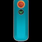 Teal portable cannabis vaporizer with illuminated controls.