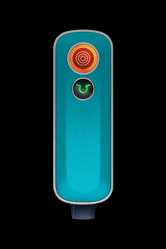 Teal portable cannabis vaporizer with illuminated controls.
