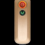 Gold cannabis vaporizer pen with illuminated controls.