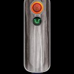 Sleek, wood-grain portable vaporizer with illuminated controls.