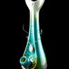 Iridescent glass water pipe with a teal and green swirl pattern, displayed against a black background.