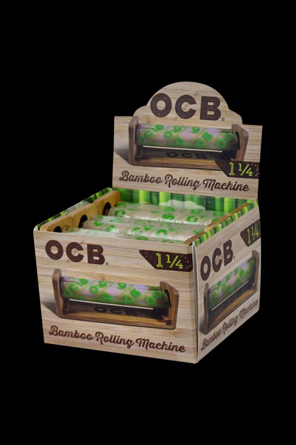 Front view of the OCB 1 1/4" Bamboo Roller six-pack, displaying the branded cardboard packaging with a slight upward angle.