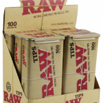 A close-up, angled view of the RAW Pre-Rolled Tips 6-pack, displaying colorful packaging with text and the brand logo.