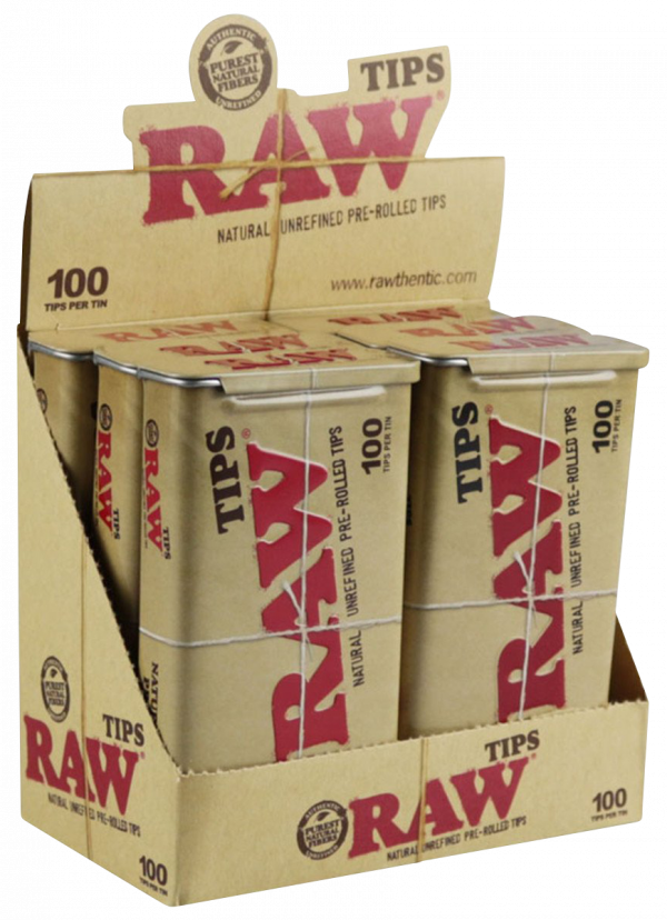 A close-up, angled view of the RAW Pre-Rolled Tips 6-pack, displaying colorful packaging with text and the brand logo.