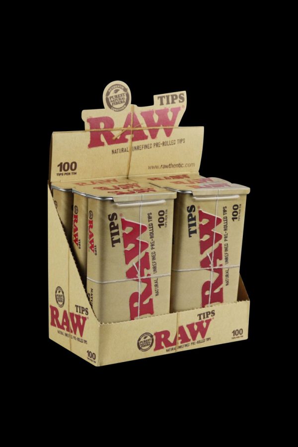 A close-up of the RAW Pre-Rolled Tips - 6 Pack (600 Tips) showing a stack of white booklets with the brand logo prominently displayed.