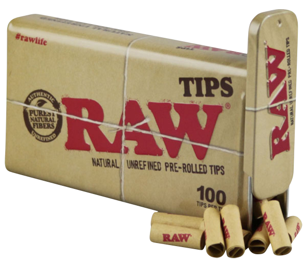 A close-up, angled shot of a stack of RAW Pre-Rolled Tips, featuring the branded packaging in the background.