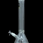 Clear glass water pipe (bong) with an ice catch and detachable downstem against a black background.