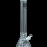Clear glass water pipe (bong) with ice pinches and a removable downstem, isolated on a black background.
