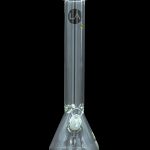 Clear glass water pipe (bong) with ice pinch and branded logo against a black background.