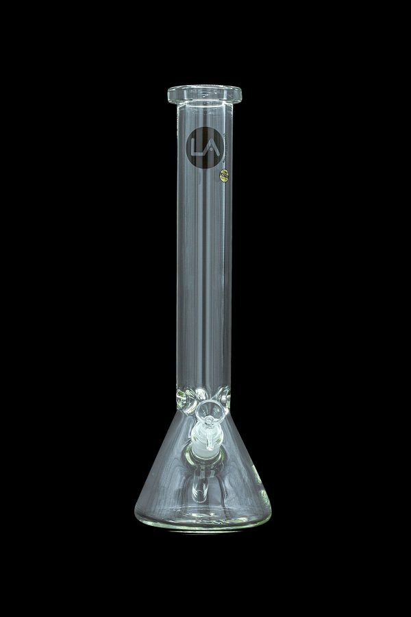 Clear glass water pipe (bong) with ice pinch and branded logo against a black background.