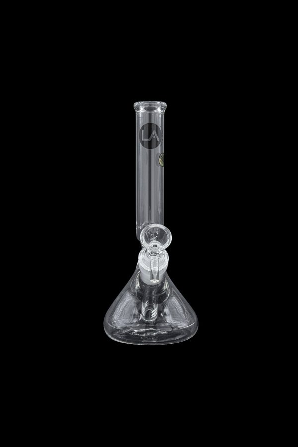 Clear glass bong with ice catcher and percolator, isolated on black.