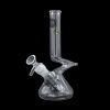 Clear glass water pipe (bong) with intricate design against a black background.