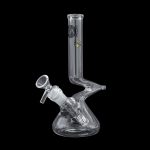 Clear glass water pipe (bong) with intricate design against a black background.