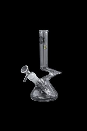 Clear glass water pipe (bong) with intricate design against a black background.