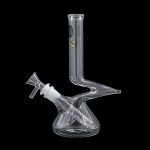 Clear glass bong with angled neck and removable bowl.