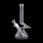 Clear glass water pipe (bong) with intricate design, isolated on black.