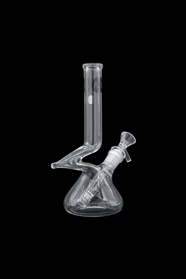 Clear glass water pipe (bong) with intricate design, isolated on a black background.