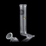 Clear glass bubbler with a flared mouthpiece and etched logo.