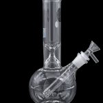 Clear glass water pipe, also known as a bong, with a downstem and bowl, isolated on a black background.