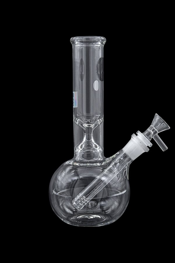 Clear glass water pipe, also known as a bong, with a downstem and bowl, isolated on a black background.