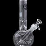 Clear glass water pipe (bong) with a detachable downstem and bowl, isolated on a black background.