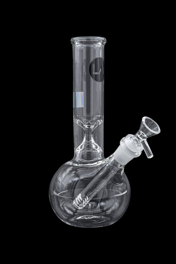 Clear glass water pipe (bong) with a detachable downstem and bowl, isolated on a black background.