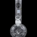 Glass water pipe (bong) for smoking cannabis, featuring a spherical base and intricate percolator.