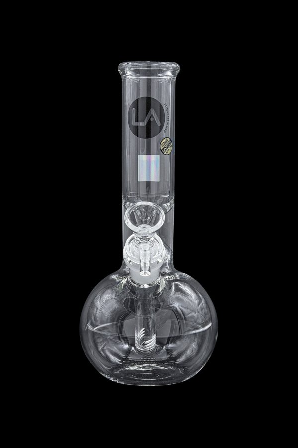 Glass water pipe (bong) for smoking cannabis, featuring a spherical base and intricate percolator.