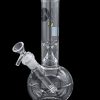 Clear glass water pipe (bong) with a detachable downstem and bowl, isolated on a black background.