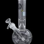 Clear glass water pipe (bong) with a detachable downstem and bowl, isolated on a black background.