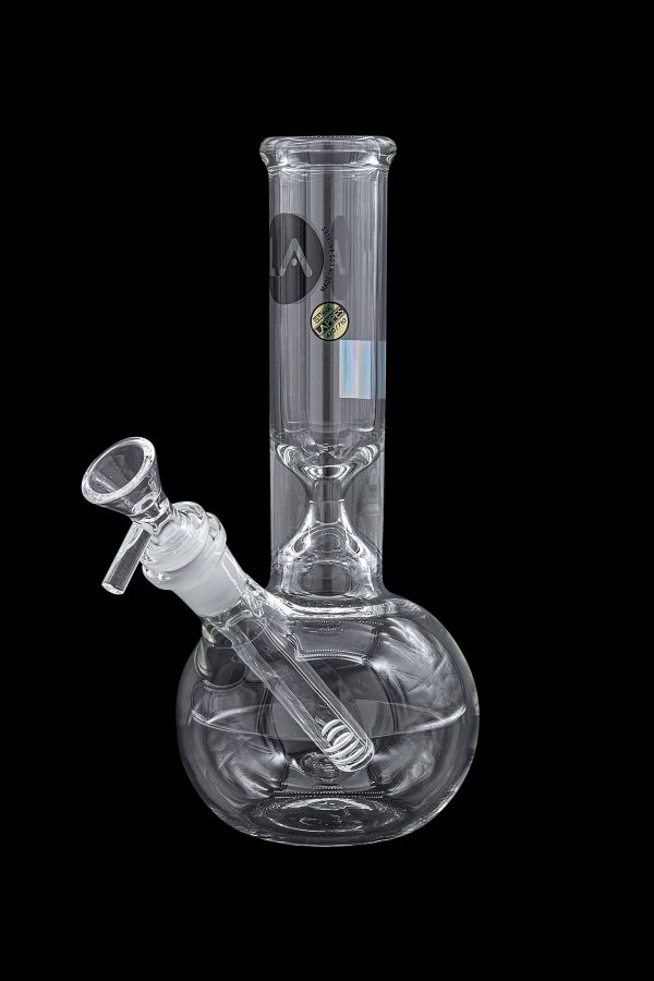 Clear glass water pipe (bong) with a detachable downstem and bowl, isolated on a black background.