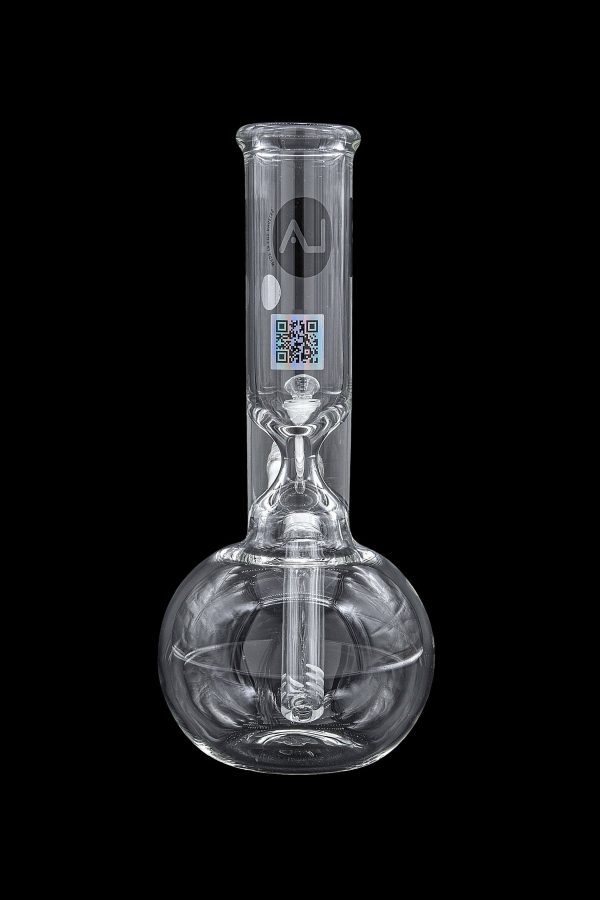 Clear glass water pipe (bong) with a bulbous base and QR code label.