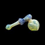 Hand-blown glass bubbler with blue and yellow swirls, isolated on a black background.