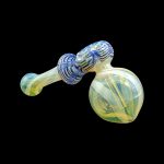 Glass bubbler water pipe with blue and yellow swirls on a black background.