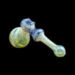 Handblown glass pipe with blue and green swirls.