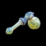 Colorful glass bubbler pipe with swirling blue and yellow patterns.