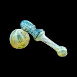 Hand-blown glass bubbler and sphere, turquoise and cream swirls.