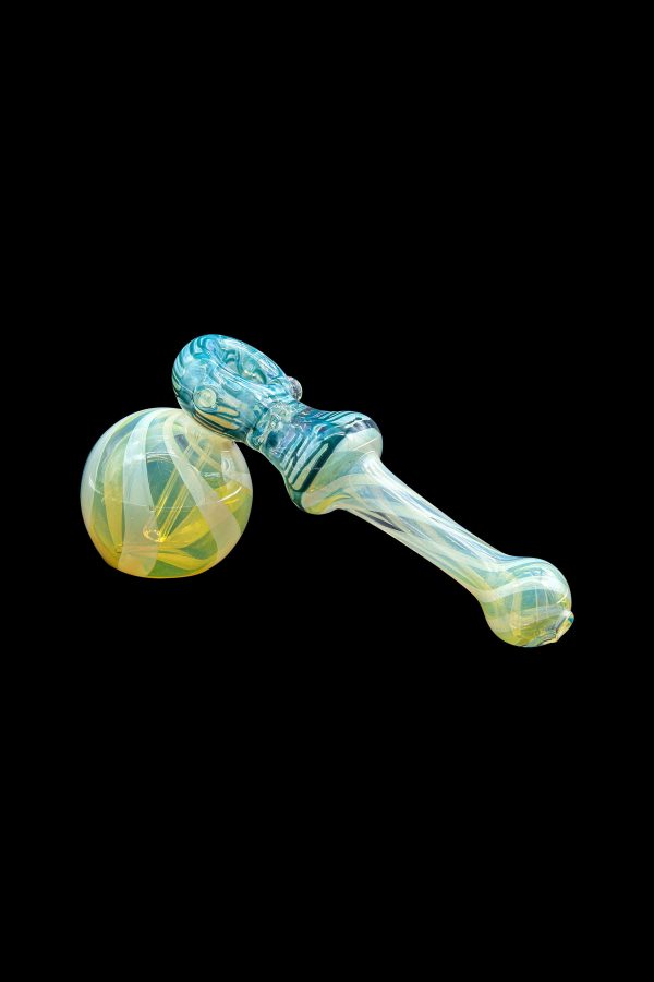 Hand-blown glass bubbler and sphere, turquoise and cream swirls.