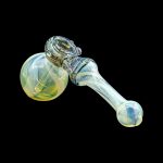 Hand-blown glass bubbler pipe with iridescent blue and gold swirls, isolated on black.