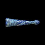 Blue and white patterned glass pipe on a black background.